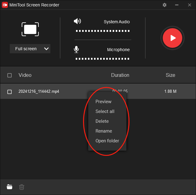 Right-click on your recording file in MiniTool Screen Recorder to preview, delete, rename, or locate it