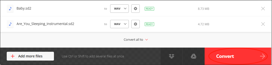 Click on the Convert button in Convertio to begin the conversion from SD2 to WAV