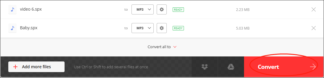 Click on the Convert button in Convertio to begin converting SPX to MP3