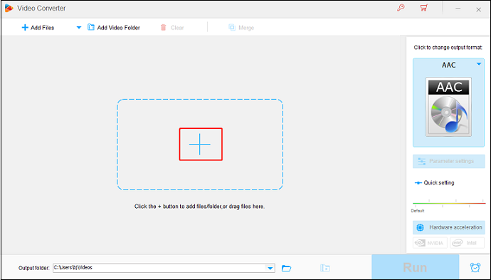 Click the + area to import the target file for format conversion in HD Video Converter Factory Pro