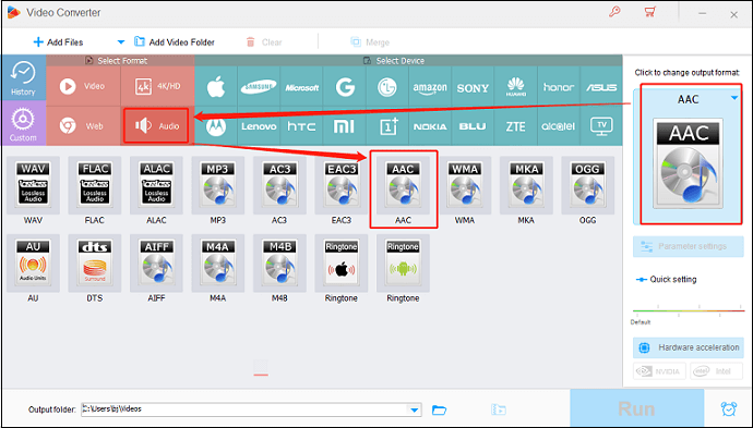 Select AAC as the output format for conversion in HD Video Converter Factory Pro