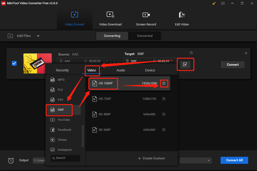 Select SWF as the output format for conversion in MiniTool Video Converter