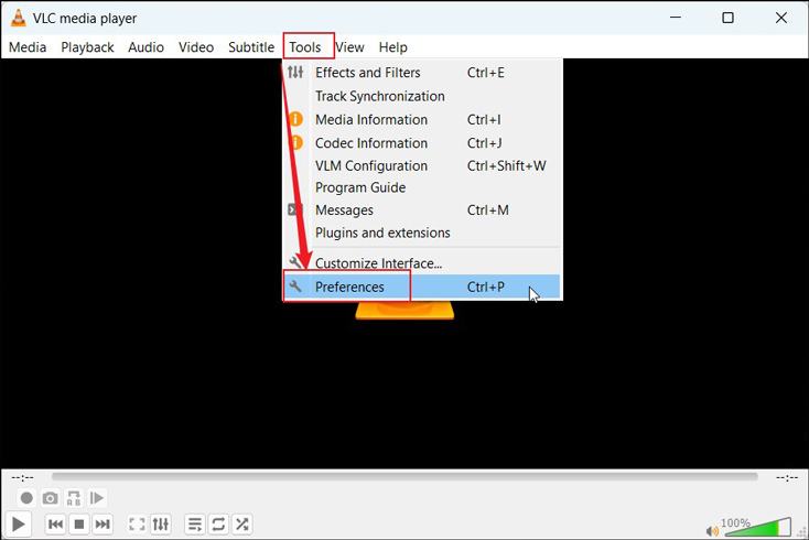 Click Tools and choose Preference in VLC