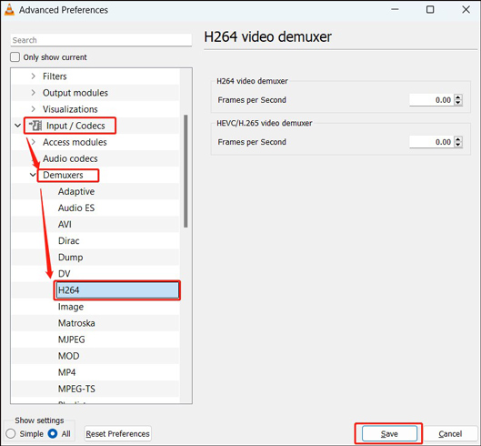 Choose H264 Demuxers for Input/Codecs in VLC