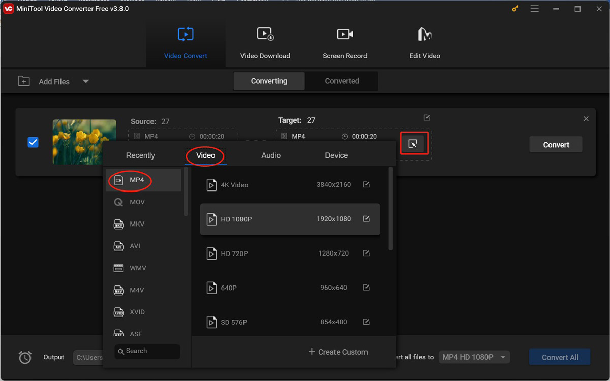 Click the diagonal arrow in the Target dotted box and switch to Video to choose the target output format in MiniTool Video Converter