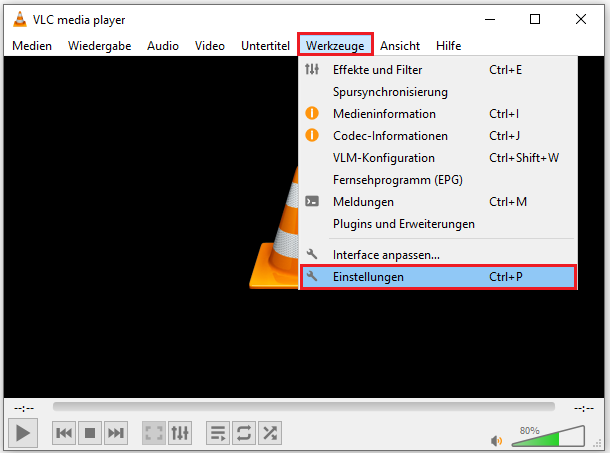 klicken Sie in VLC auf Werkzeuge und dann auf Einstellungen