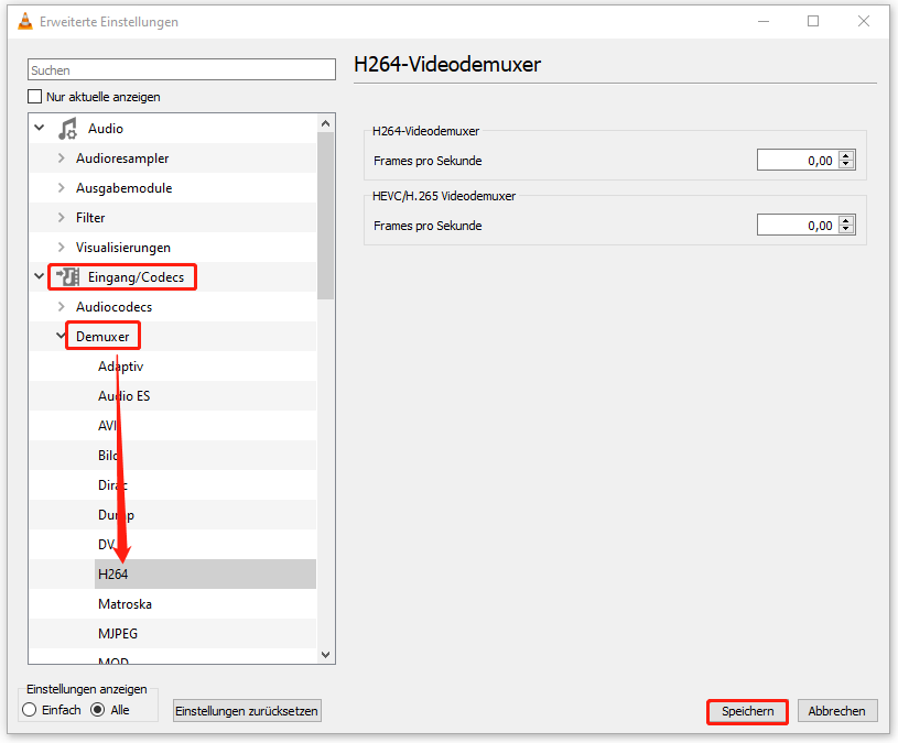 H264 im Popup-Fenster wählen