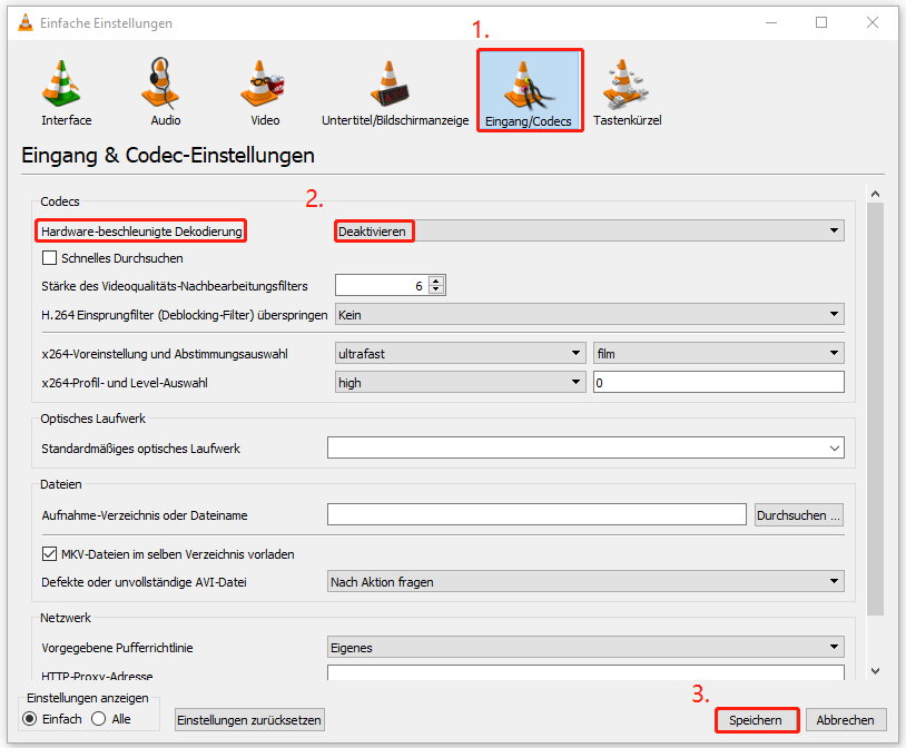 die Option „Hardware-beschleunigte Dekodierung“ auf „Deaktivieren“ stellen