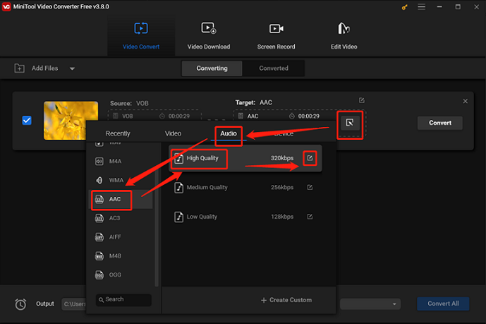 Choose AAC as the output format in MiniTool Video Converter for format conversion