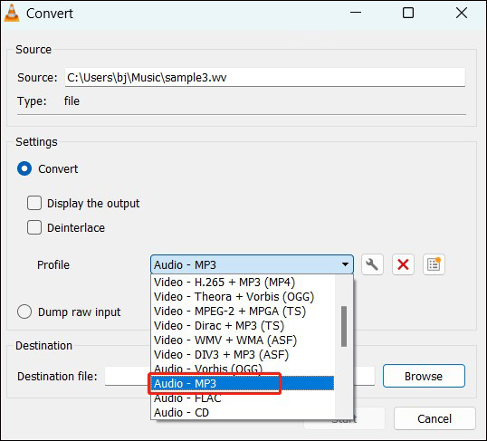 Choose the Audio – MP3 option as the target output format in VLC Media Player