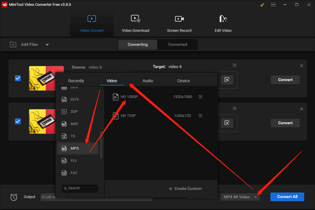 Click on the inverted arrow at the bottom right of MiniTool Video Converter to expand the output format window and set MPG HD 1080P as the output format