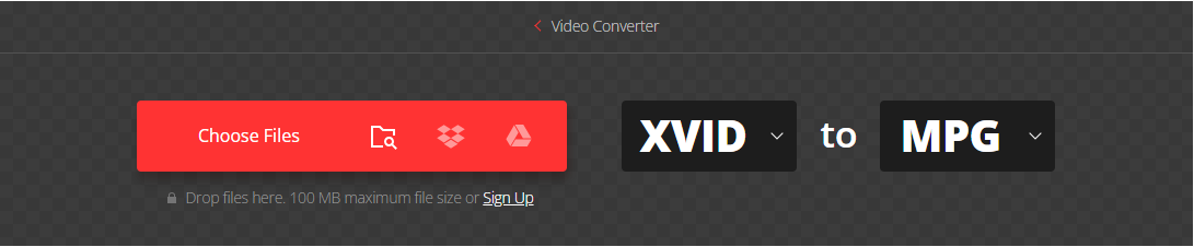 The XVID to MPG Converter page of Convertio