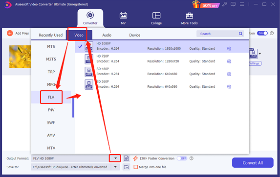 Choose FLV as the output format in Aiseesoft Video Converter Ultimate for format conversion