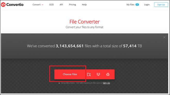 Click Choose Files to add the 3G2 file for format conversion in Convertio