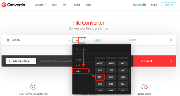 Select FLV as the output format in Convertio for format conversion