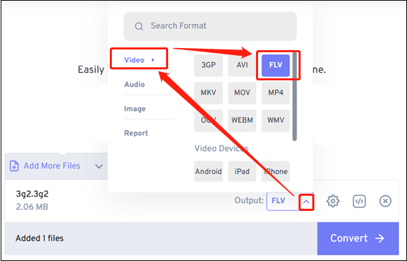 Choose FLV as the output format for conversion in FreeConvert