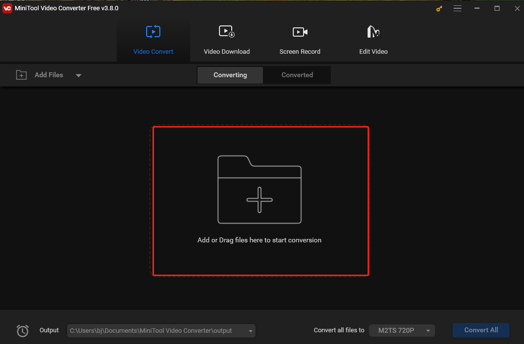 Zum Importieren der AAC-Datei klicken Sie in MiniTool Video Converter auf den mittleren Bereich