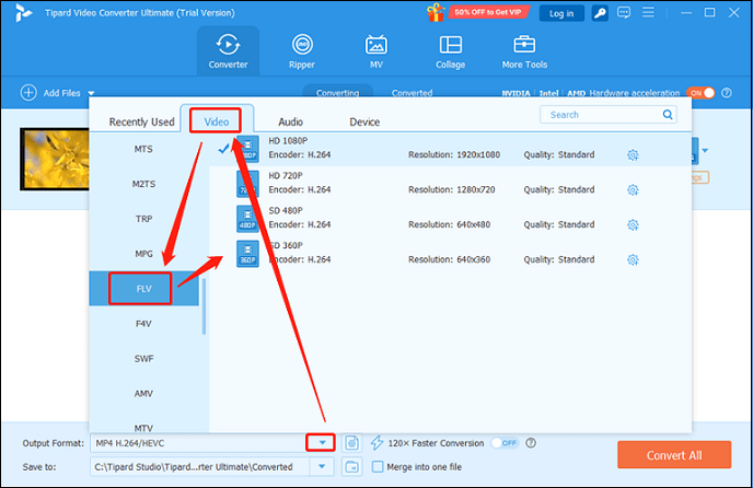 Select FLV as the output format in Tipard Video Converter Ultimate for format conversion