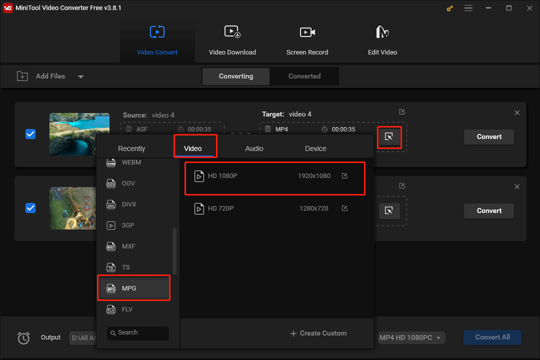 Click on the Edit icon in the Target section of MiniTool Video Converter to access the output format window and set MPG HD 1080P as the output format of a single video file