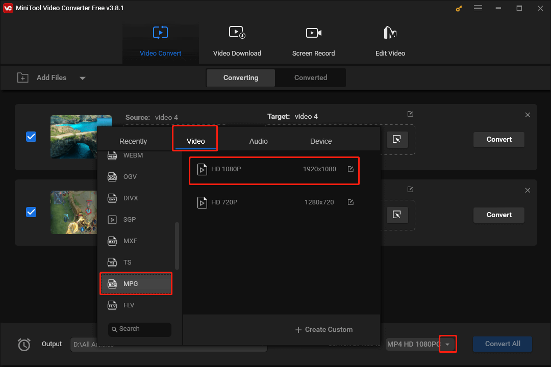 Expand the Convert all files to option in MiniTool Video Converter to set a uniform output format for all ASF files