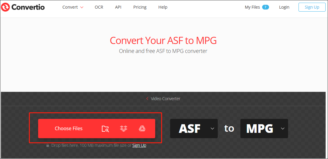 Click on the Choose Files button in Convertio to upload your ASF files