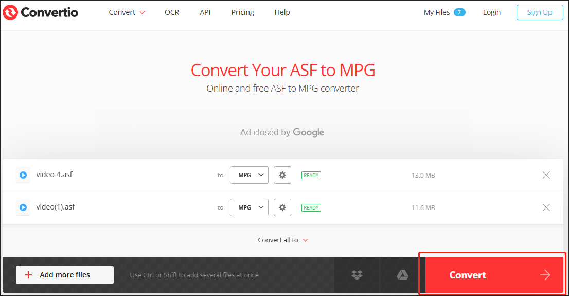 Click on the Convert button in Convertio to begin the conversion from ASF to MPG