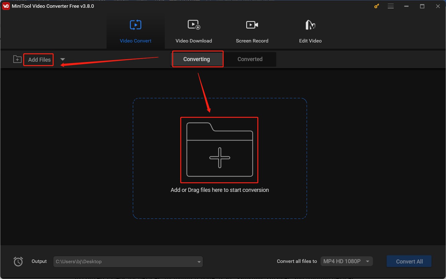 Click the Add Files button or the Add or Drag files here to start conversion area to import the target AV1 video into MiniTool Video Converter