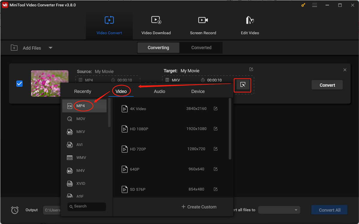 Click the diagonal arrow to open the output format window and choose MP4 under the Video tab of MiniTool Video Converter