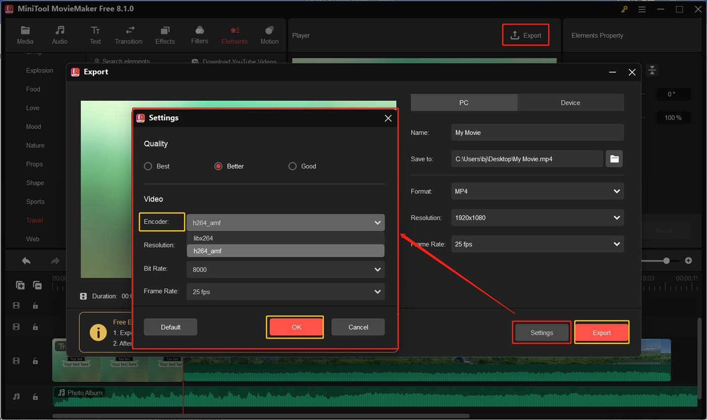 Click the Settings button in the Export popup of MiniTool MovieMaker to set the H264 encoder and customize other parameters and then click OK and Export in sequence