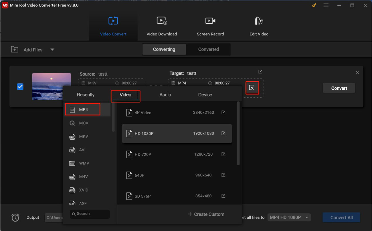 Click the Edit icon in the Target box of MiniTool Video Converter and choose MP4 under the Video tab