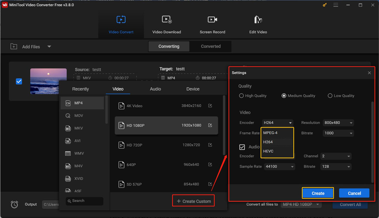 Click on + Create Custom to create a customized MP4 format in MiniTool Video Converter