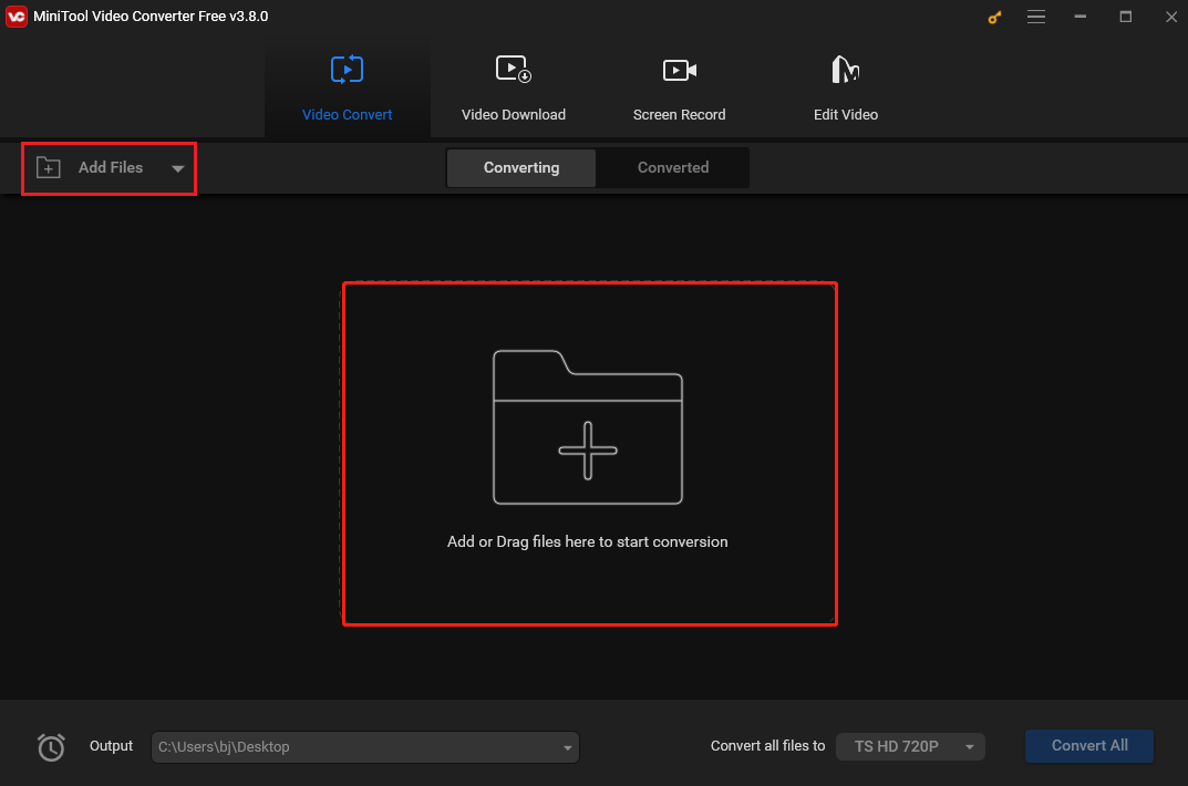 klicken Sie in MiniTool Video Converter auf den mittleren Bereich, um die AVI-Datei zu laden