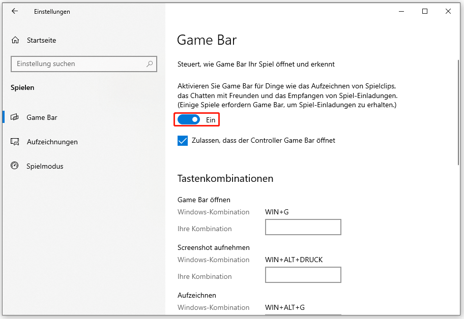 Game Bar in Windows-Einstellungen aktivieren