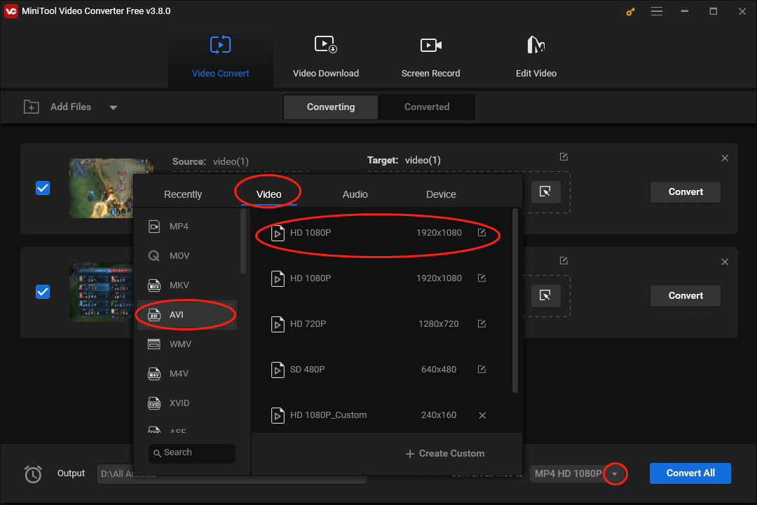 Expand the Convert all files to option in MiniTool Video Converter and set AVI HD 1080P as the output format for your converted files