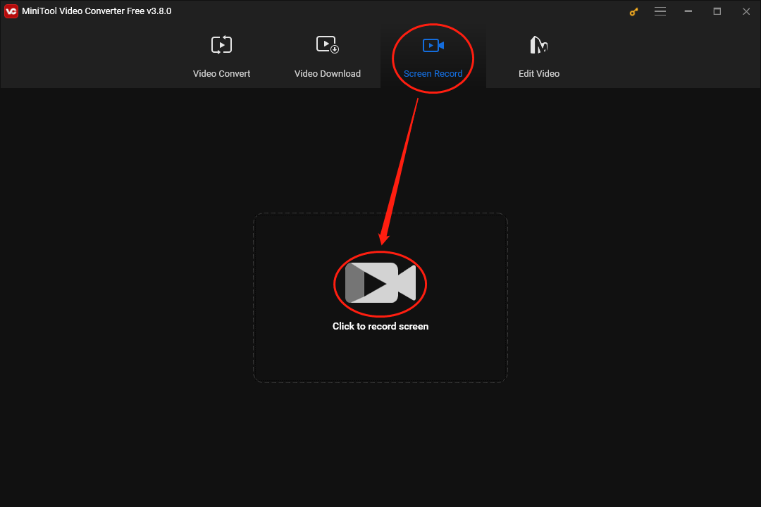 Click on the big recording icon under the Screen Record module of MiniTool Video Converter to access the MiniTool Screen Recorder