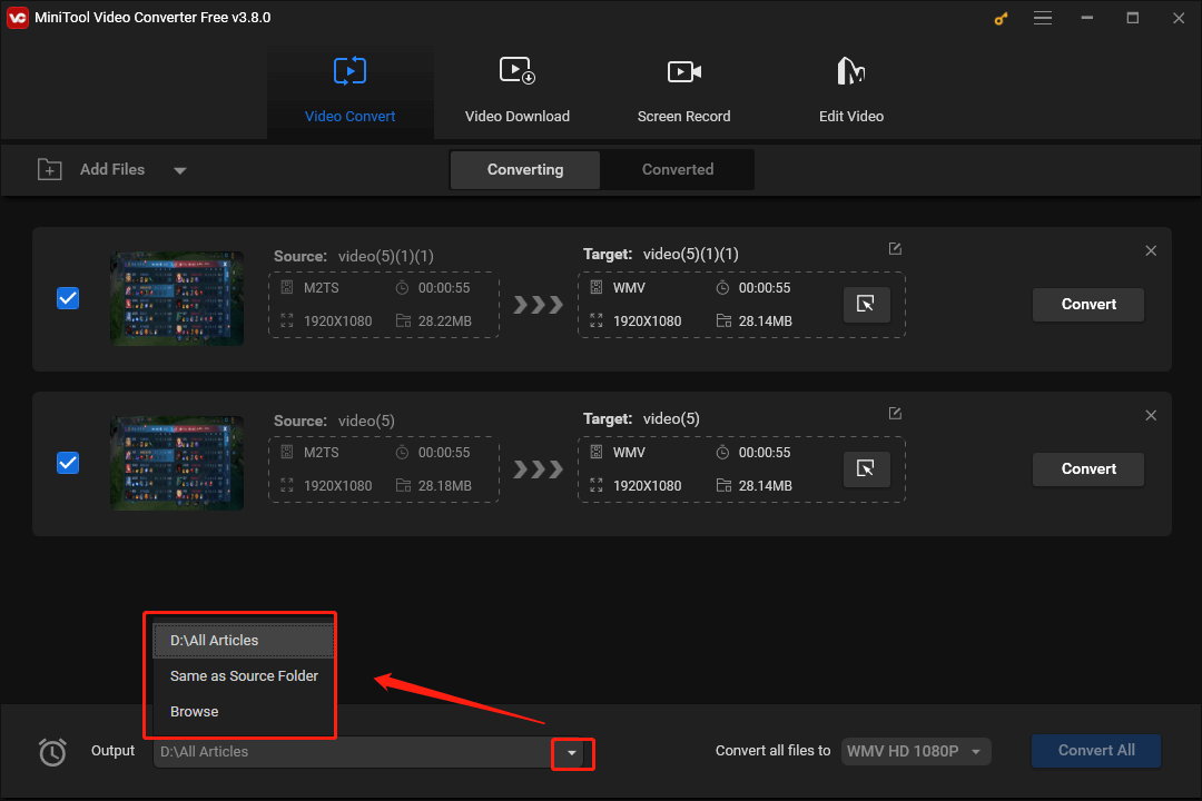 Expand the Output option in MiniTool Video Converter to choose a saving path for your converted files