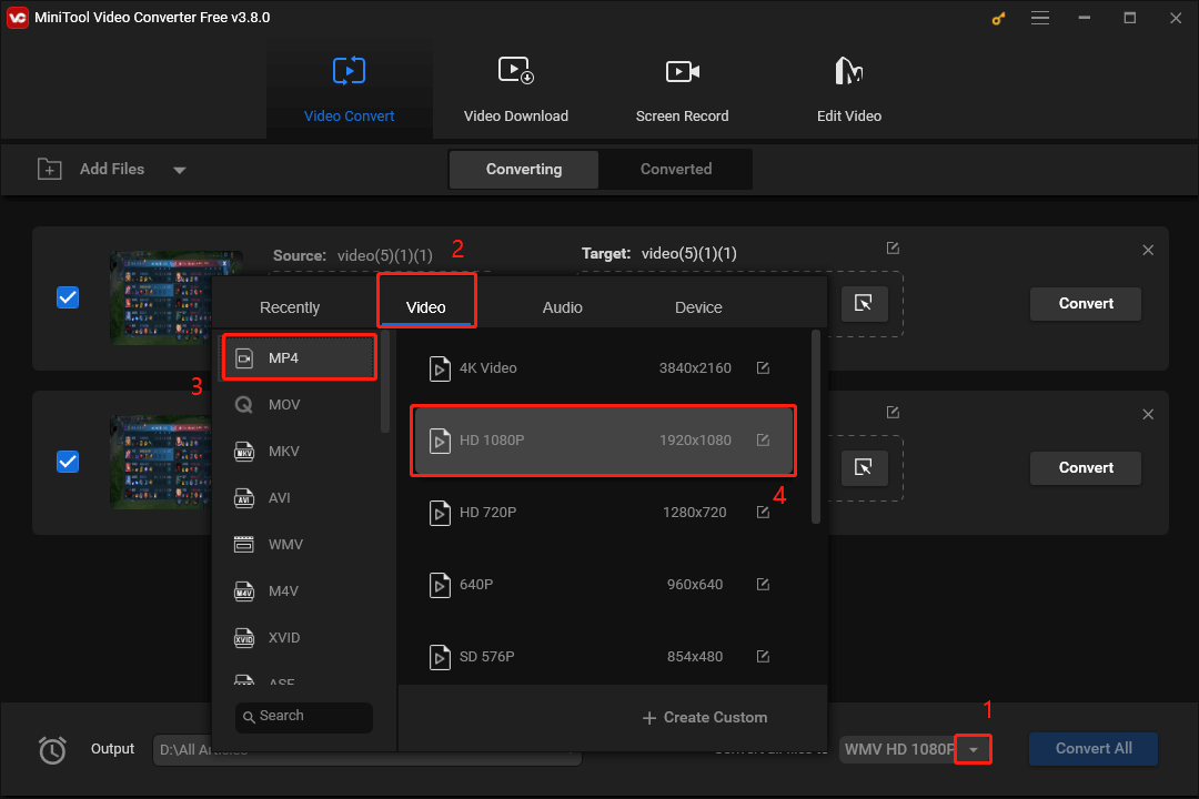 Expand the Convert all files to option in MiniTool Video Converter to choose MP4 HD 1080P as the output format