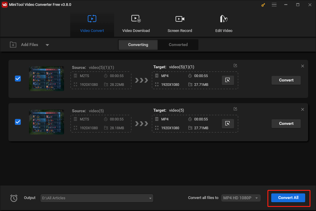Click on Convert All in MiniTool Video Converter to begin your conversion tasks