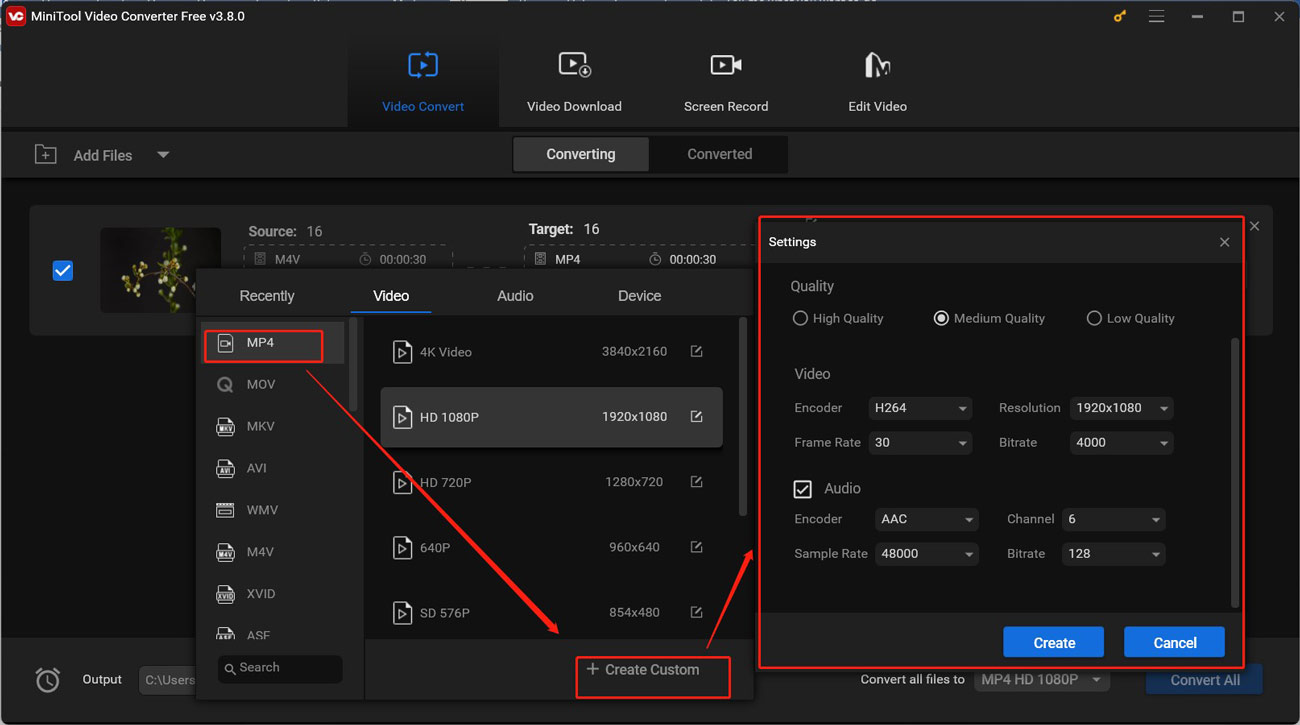 Choose MP4 and click on + Create Custom to create a customized format for YouTube in MiniTool Video Converter