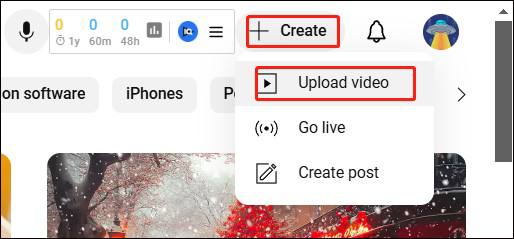 Hit on Create and choose the Upload video option on the YouTube website page