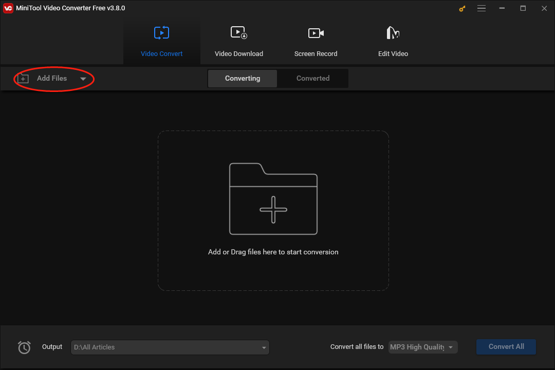 Click on the Add Files button in MiniTool Video Converter to import your Shopify videos