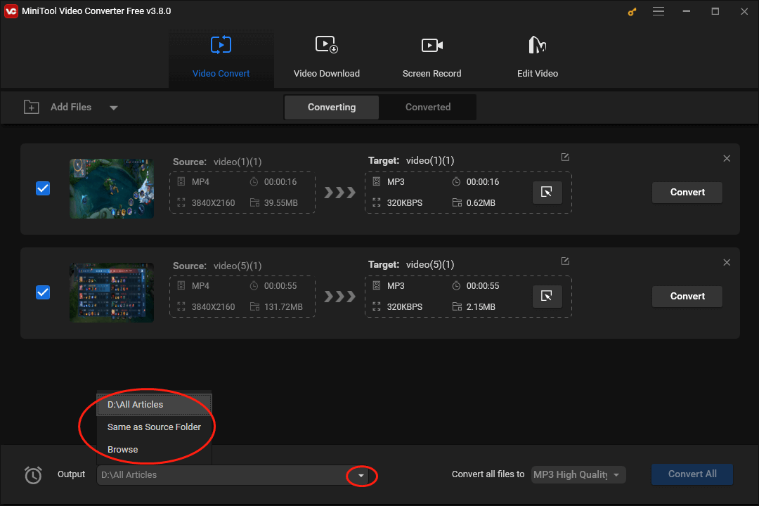 Expand the Output option in MiniTool Video Converter to choose an output location for your compressed files