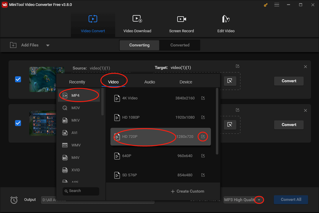 Expand the Convert all files to option and set MP4 HD 720P as the output format