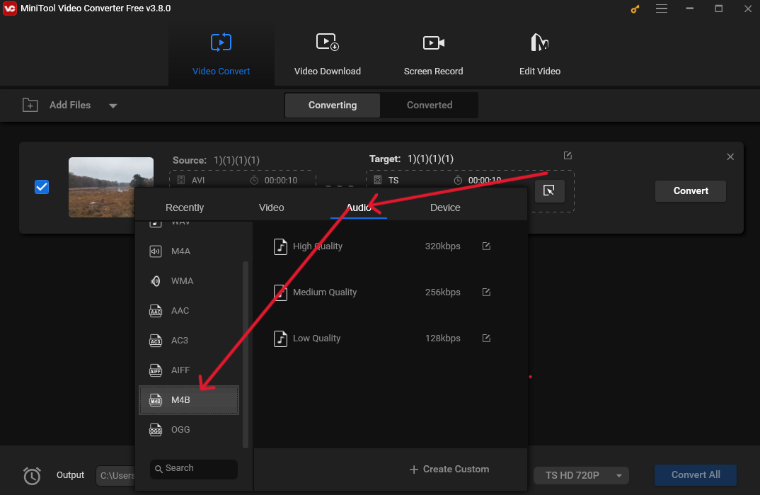 Choose M4B from the left sidebar as the output format under the Audio tab