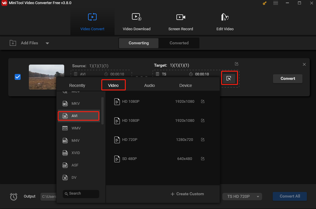 Choose AVI as the output format under the Video tab in the output format window