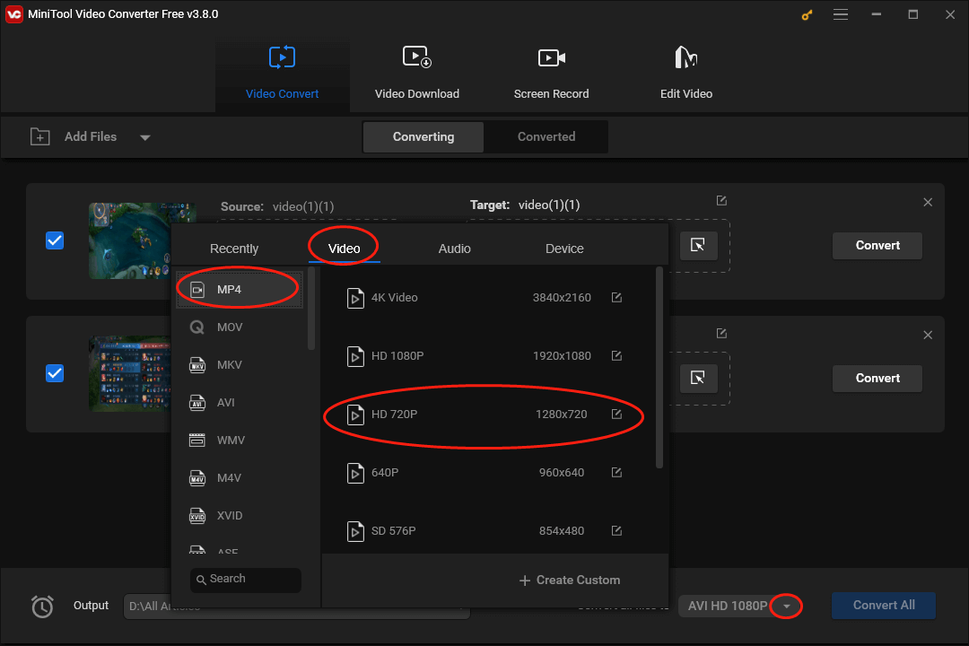 Expand the Convert all files to option in the bottom-right corner of MiniTool Video Converter to access the output format window and set MP4 HD 720P as the output format for your MP4 files