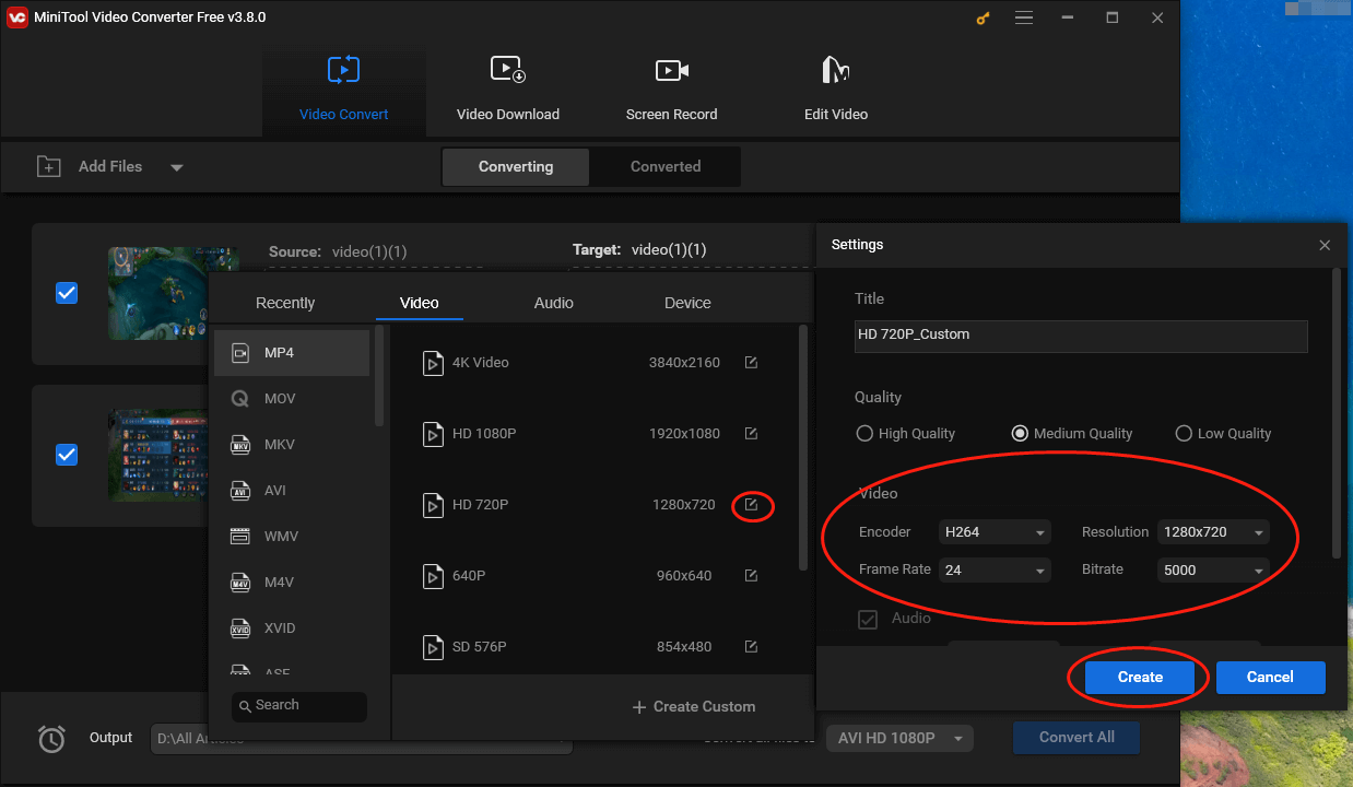 Click on the pen icon in MiniTool Video Converter to access the Settings window and customize the parameters of your MP4 720p videos