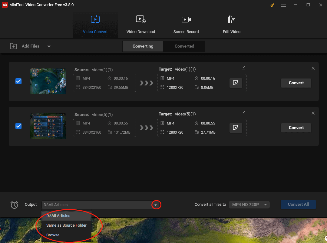 Expand the Output option in the bottom-left corner of MiniTool Video Converter to choose a saving path for your converted files