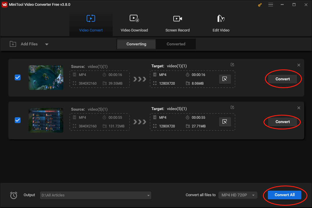 Click on the Convert or the Convert All button in MiniTool Video Converter to begin converting MP4 to 720p