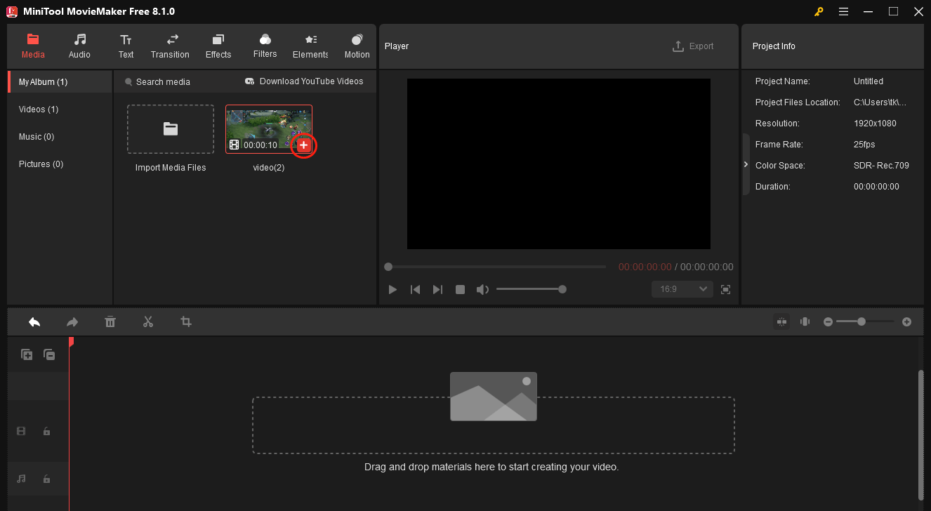 Click on the plus icon on the uploaded video of MiniTool MovieMaker to put it on the video track